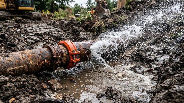 Burst sewer pipeline with leaking joint, muddy excavation, representing emergency sewer pipeline repair. repair clamp and spray of wastewater