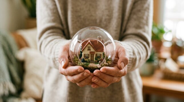 Hand holding miniature house inside protective glass bubble symbolizing home warranty and risk assessment, safety coverage concept