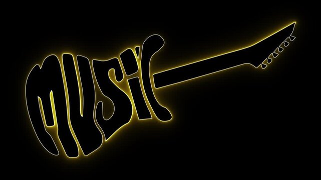 Guitar typography. Music word art. Neon glow design. Electric guitar. Rock music logo. Musical instrument. Creative lettering. Concert poster. Modern music art.
