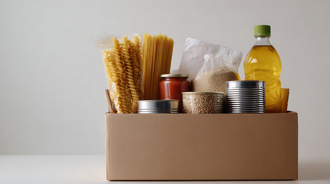 Essential non-perishable food items thoughtfully arranged in a brown carton, ready for distribution, symbolizing help and community support