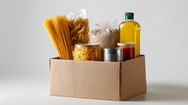 Essential food items like pasta, grains, oil, and canned goods in a cardboard box, ready for donation or home delivery on a neutral background