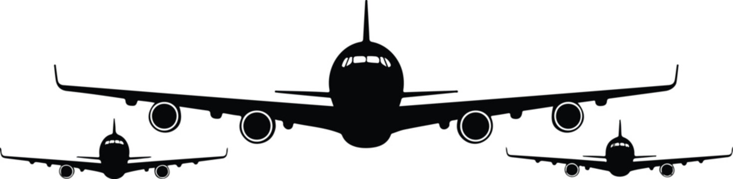 Black silhouette of three commercial airplanes flying in formation isolated on white background for travel and aviation concepts
