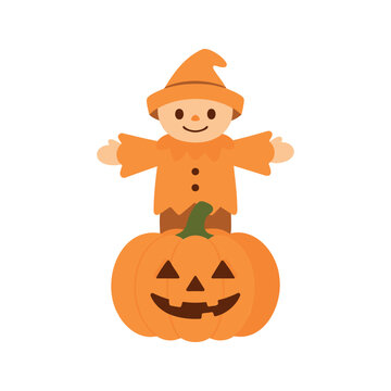 Cartoon scarecrow with hat stands atop carved orange pumpkin for halloween theme