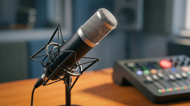 Professional studio microphone on shock mount, condenser mic for podcasting and radio, audio recording equipment in modern broadcast booth