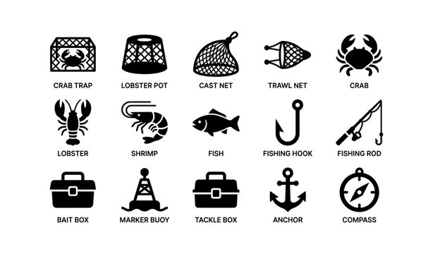 Fishing and seafood icons arranged on white background