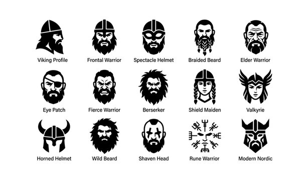 Viking warrior faces arranged in grid on white background