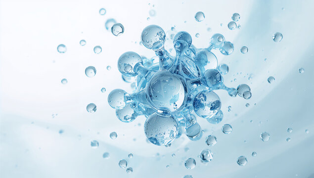 白い空間で水分子と水滴が浮かぶ医療向け3D素材