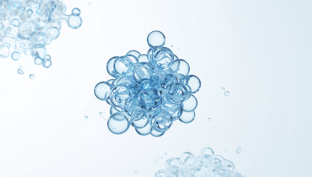 白い空間で水分子と水滴が浮かぶ医療向け3D素材