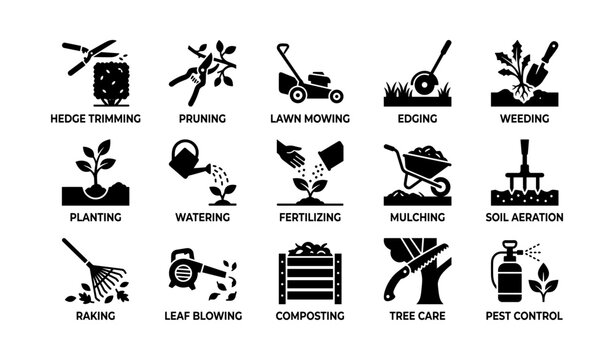 Garden task icons showing maintenance actions on white background