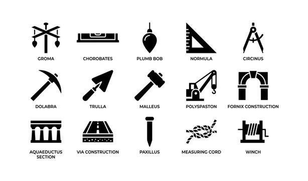 Roman construction tools and measurement icons on white background