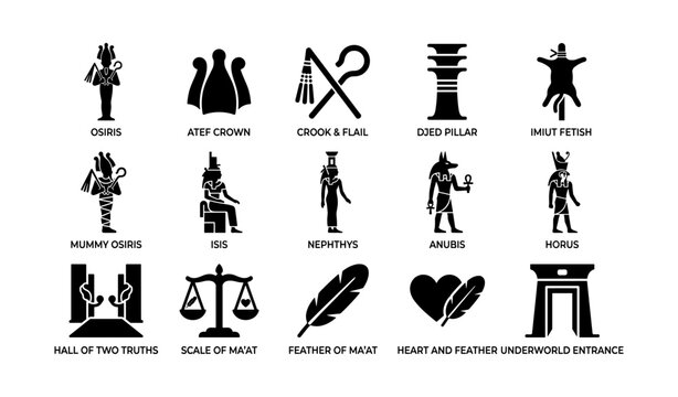 Egyptian deities and funerary symbols arranged on white background