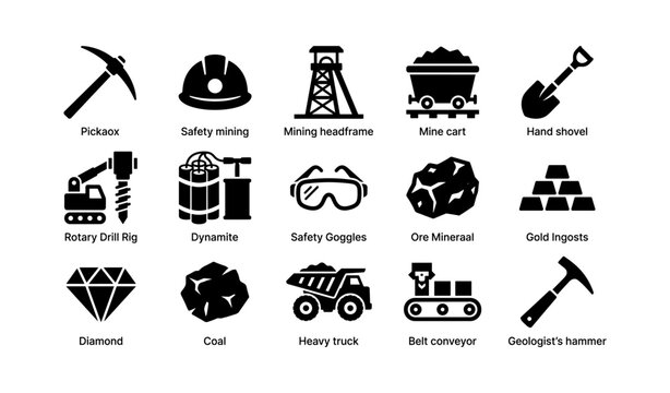 Mining tools and minerals icons displayed in grid on white background