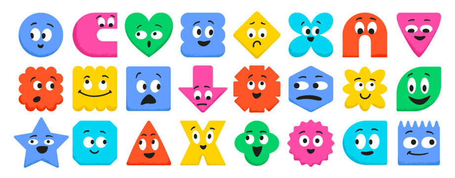 Cute geometric shapes with expressive faces and emotions. Colorful abstract figures featuring smiles, eyes, and playful characters for modern design projects