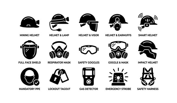 Icons of safety helmets and protective gear on white background