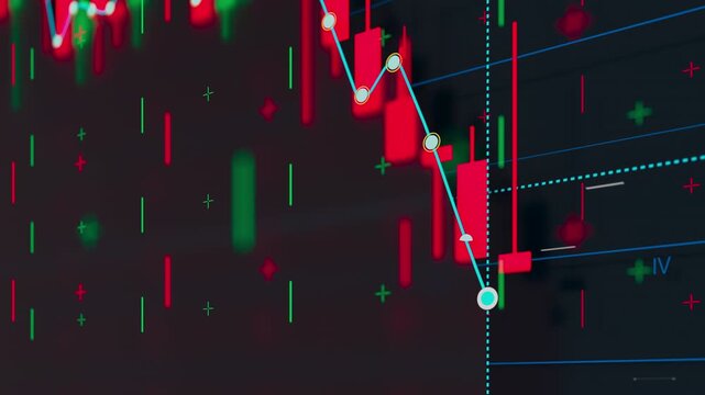 Candlestick chart tracking a stock market financial crash plunging in a scrolling loopable CG animation over a dark grid. Recession reports, crypto losses, bearish presentations.