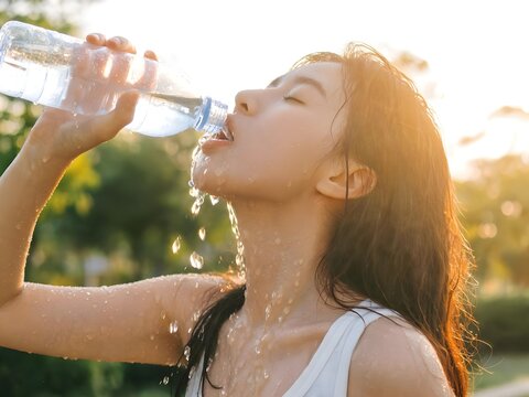 Estate, caldo, sete: bella ragazza che si disseta al mare con una bottiglia di acqua fresca