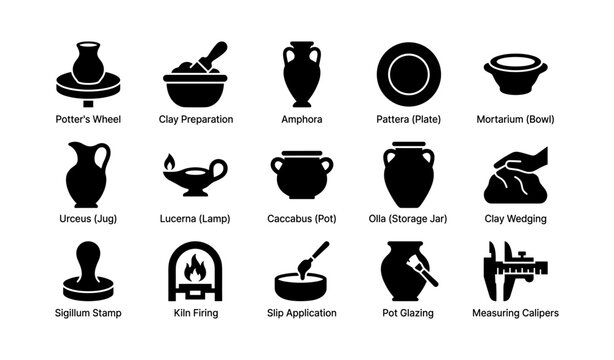 Pottery icons showing ceramic tools and vessels on white background