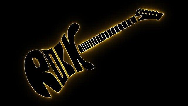 Rock typography. Guitar art. Neon music logo. Electric guitar. Heavy metal art. Musical design. Creative text. Band branding. Concert graphic. Yellow glow art.
