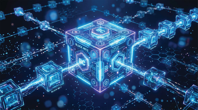 Futuristic digital cube network illustrating blockchain technology and interconnected data.