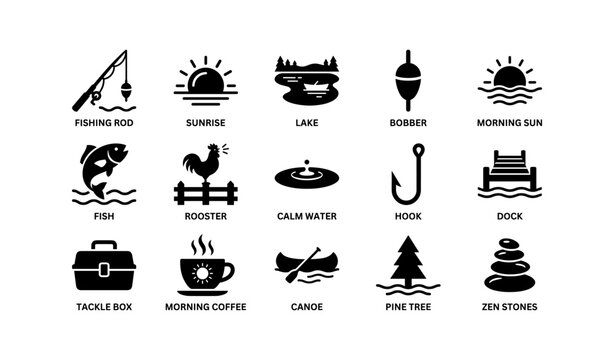 Fishing and lakeside icons showing gear wildlife and scenery
