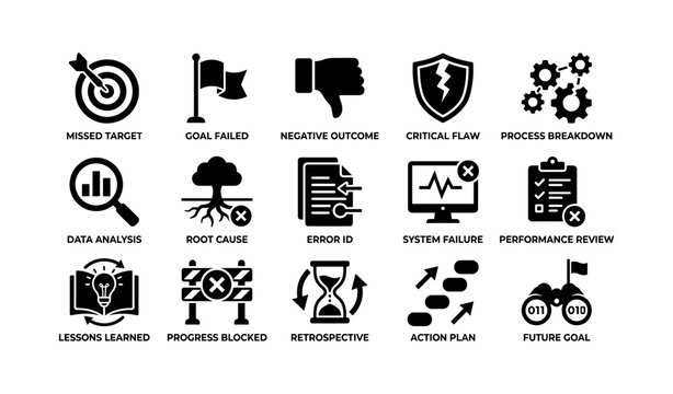 Failure and analysis icons depicting problems causes and recovery