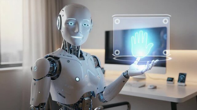 Futuristic humanoid robot projecting glowing holographic hand in sleek modern office environment