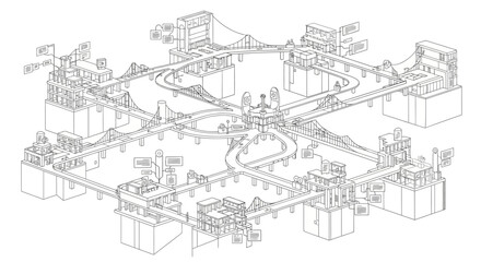 Obraz premium A detailed line drawing of a complex hexagonal city infrastructure with multiple bridges, roads, and buildings.