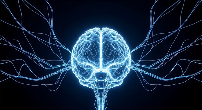 Glowing Brain with Neural Network Connections in Dark Space