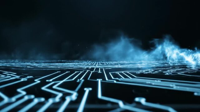 Futuristic digital circuit board with glowing blue lines and data pathways in a dark misty environment.