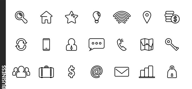A set of corporate line business and communication icons. Vector pictograms, currency and work signs, and communication and destination symbols.