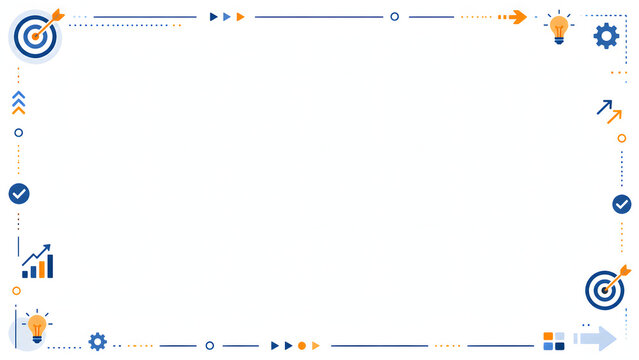 Minimalist business infographic border, vector frame of marketing icons with gears and dartboards, professional corporate design with large central copy space.