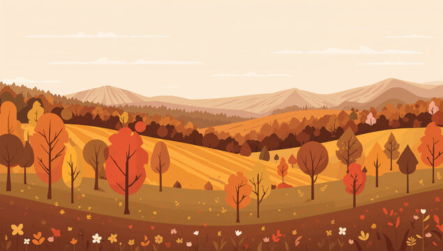 秋色の公園で紅葉した木と丘が広がる季節のイラスト