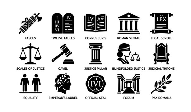 Roman law and justice symbols arranged in icon grid