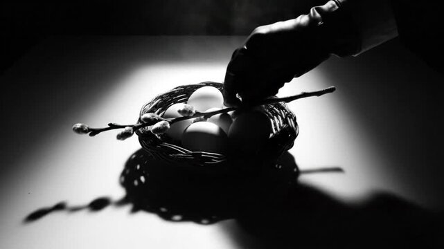 Dramatic black and white close-up of a hand in a glove placing a decorative sprig of pussy willow into a nest of white eggs.