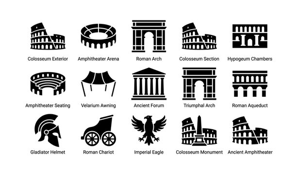 Roman architecture and symbols displayed in icon grid