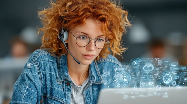 Customer support agent assisting a customer on a laptop with holographic live chat, troubleshooting, and knowledge base graphics. 