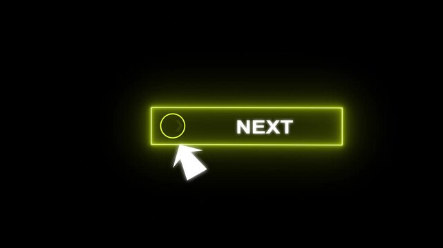 Glowing neon red color white text cursor animation pointing towards next button in looping with transparent background.