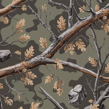 Mossy woodland camouflage vector pattern with tree branches oak leaves and bark print ready 300 dpi for hunting gear