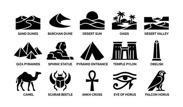 Egyptian and desert icons showing monuments and symbols