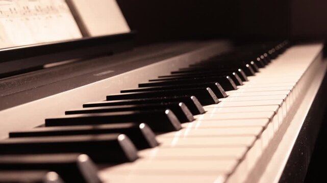 hand plays a single note on the piano, several chords, a background for musicians and composers, backlighting