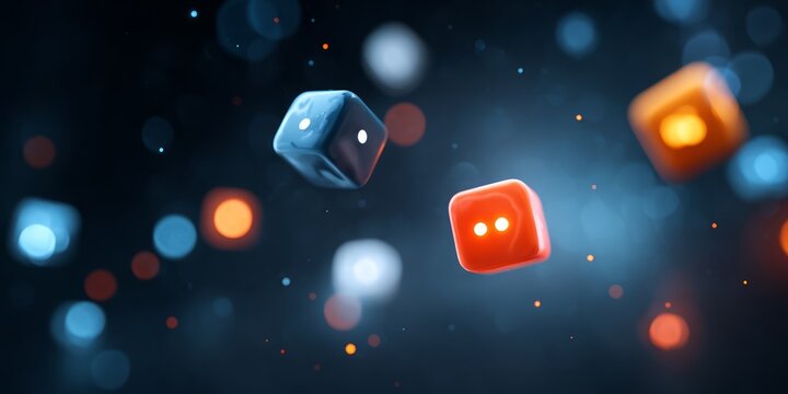 Floating Dice with Bokeh Lights in Dark Background