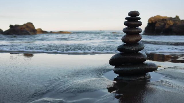 Stack of balanced zen stones on wet sandy beach with gentle ocean waves and rocks reflection