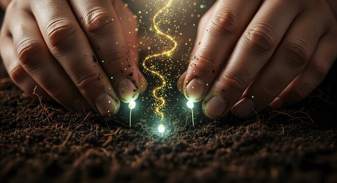 Close up of human hands touching glowing green magic energy particles creating a mystical light effect in the dark