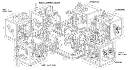 Obraz premium Detailed technical drawing of an automated industrial manufacturing and assembly line with various production modules and quality control stations.