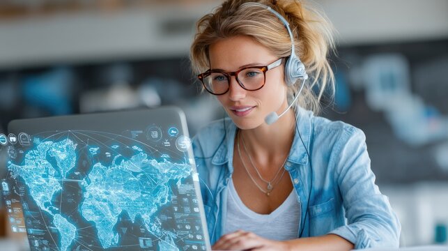 Customer support agent assisting a customer on a laptop with holographic live chat, troubleshooting, and knowledge base graphics. 
