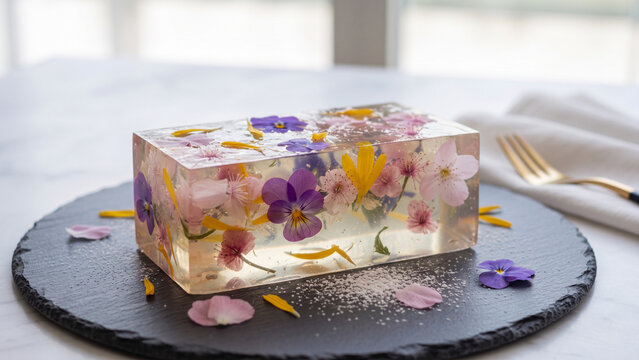 Elegant cube-shaped edible flower jelly dessert on black slate plate, close-up, modern luxury dessert aesthetic