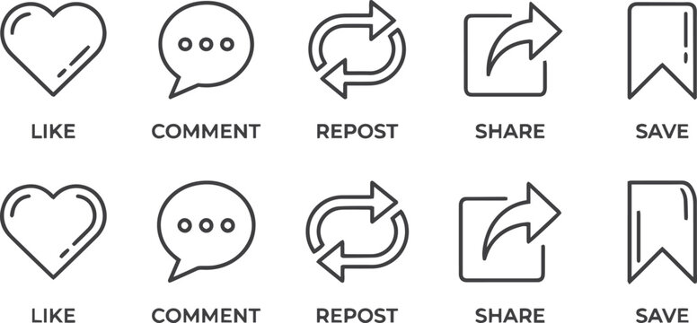 instagram newly updated like, comment, repost, share, save icons. vector ui outline icon set 2026. social media interaction symbols