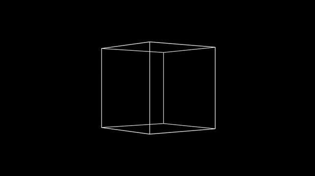 立方体が回転するモノクロアニメーション。幾何学的な立体の白いフレーム。モダンなデザイン。真横から撮影した箱