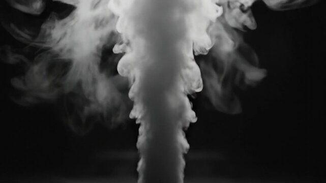 Mysterious cauldron of rising white smoke, vapor, swirling and spreading upwards against a dark background in black and white