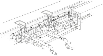 Fototapeta premium Detailed isometric drawing of a complex building piping and ductwork system.